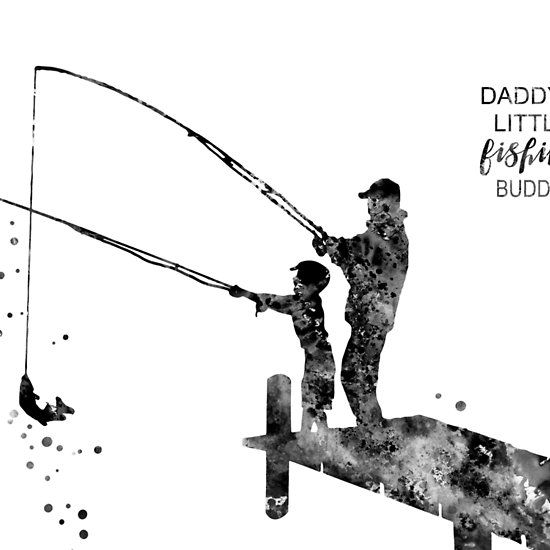 a father and son are fishing on the dock with watercolor splashes in black and white