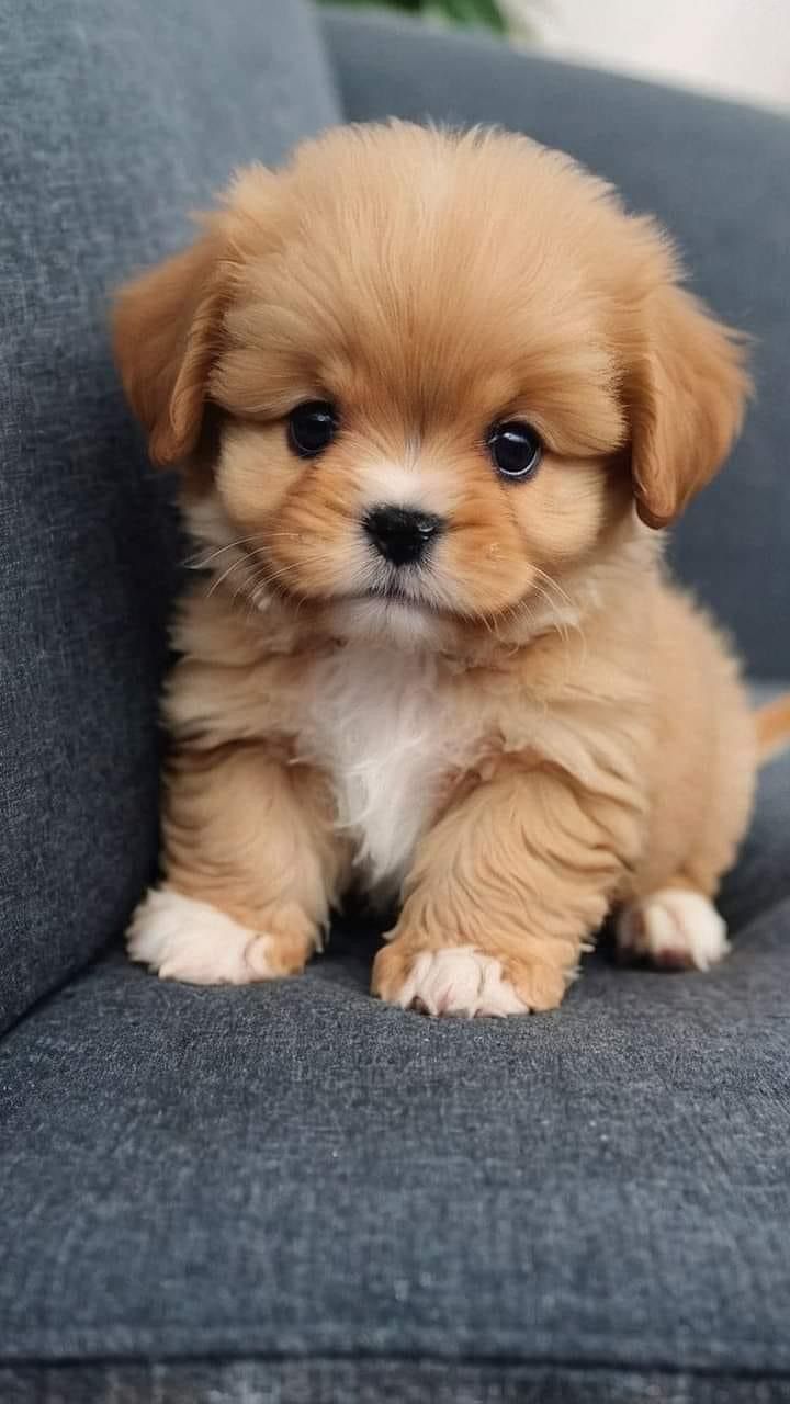 a small brown and white puppy sitting on top of a couch