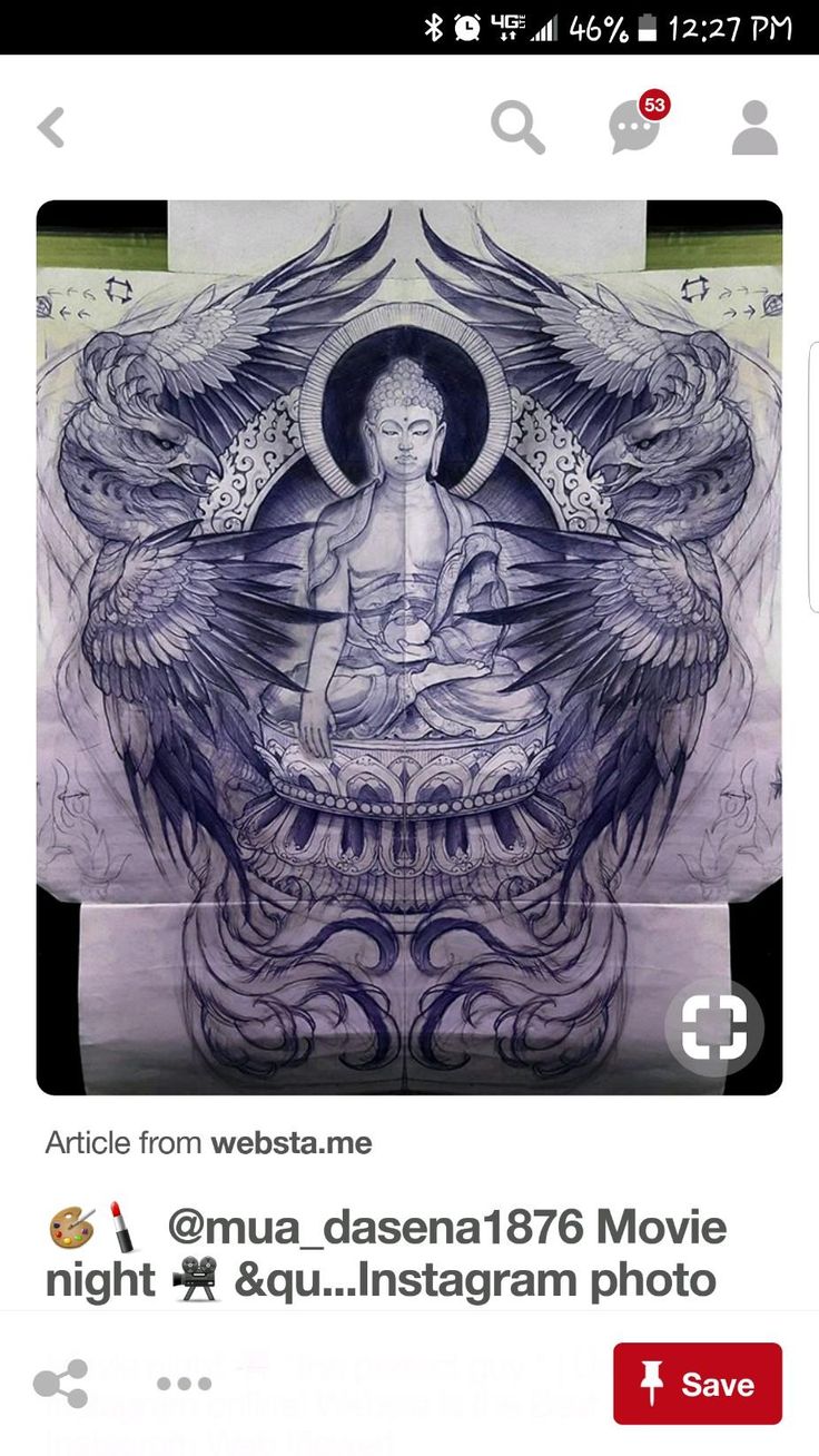 the back side of a cell phone with an image of buddha and wings on it