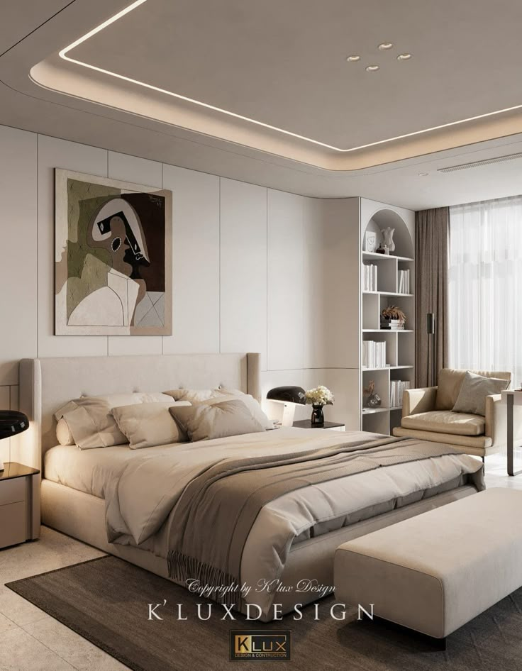 a bedroom with a large bed and white walls