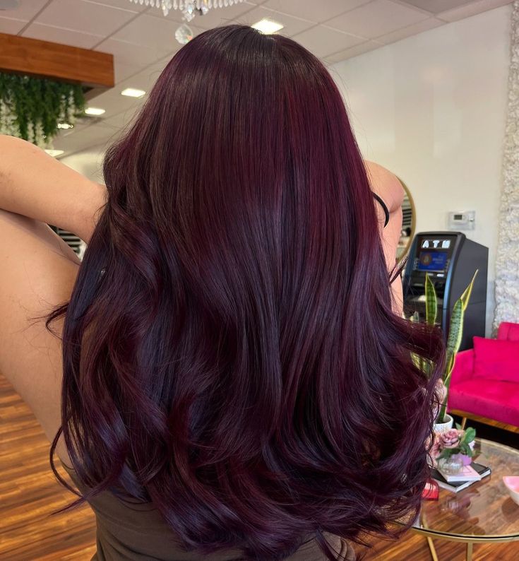 Burgundy And Violet Hair, Dark Purple Red Hair Burgundy, Cherry Cola Purple Hair, Hear Color Style 2024, Violet Dark Hair, Unique Winter Hair Colors, Rose Violet Hair, Purple Cherry Hair, Cherry Plum Hair Color