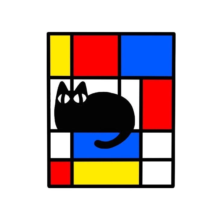 a black cat sitting on top of a piece of art with squares in the background