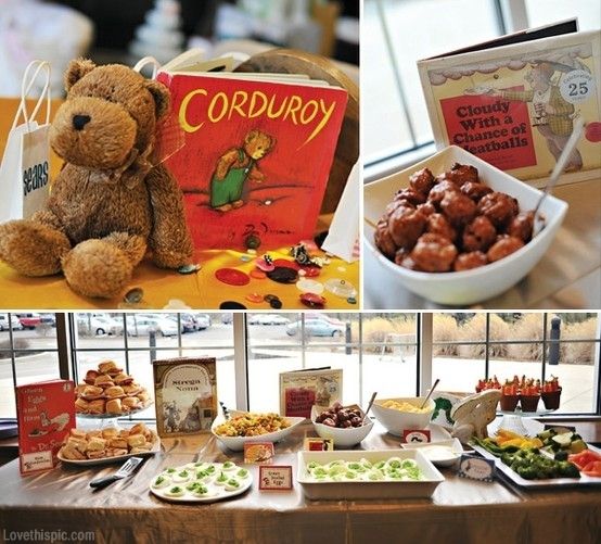 there are many different foods and snacks on the table in this collage, including teddy bear