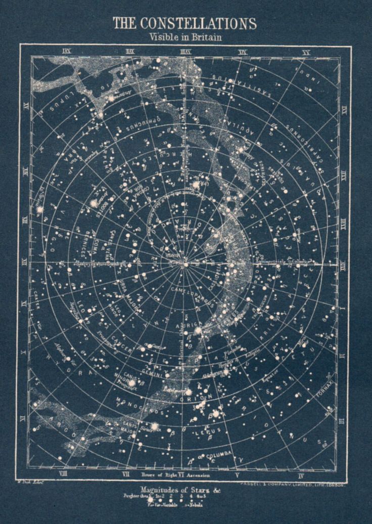 the constellations are shown in blueprint on a black background with white stars all over it