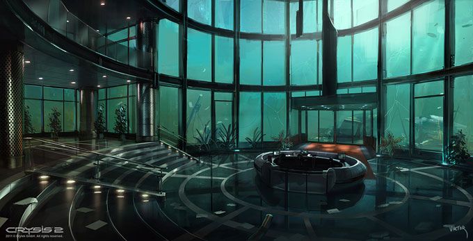 a futuristic building with glass walls and an aquarium