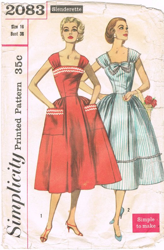 Simplicity 2083 - Vintage 1950s Sewing Pattern - Slenderette - Misses And Womens One-Piece Dress    Size 16 - Bust 36    Cut    Envelope is in okay