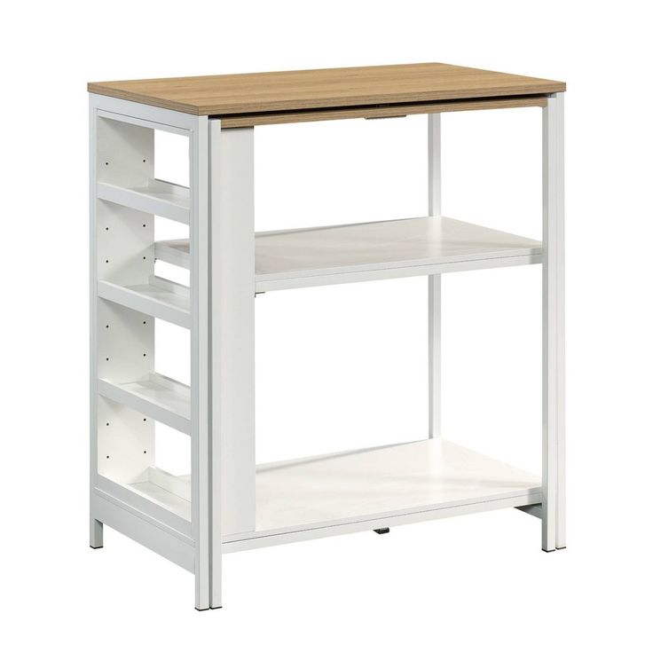 a white and wood shelf with shelves on each side