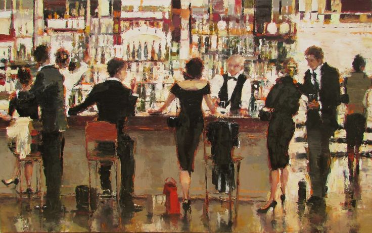 an oil painting of people at a bar