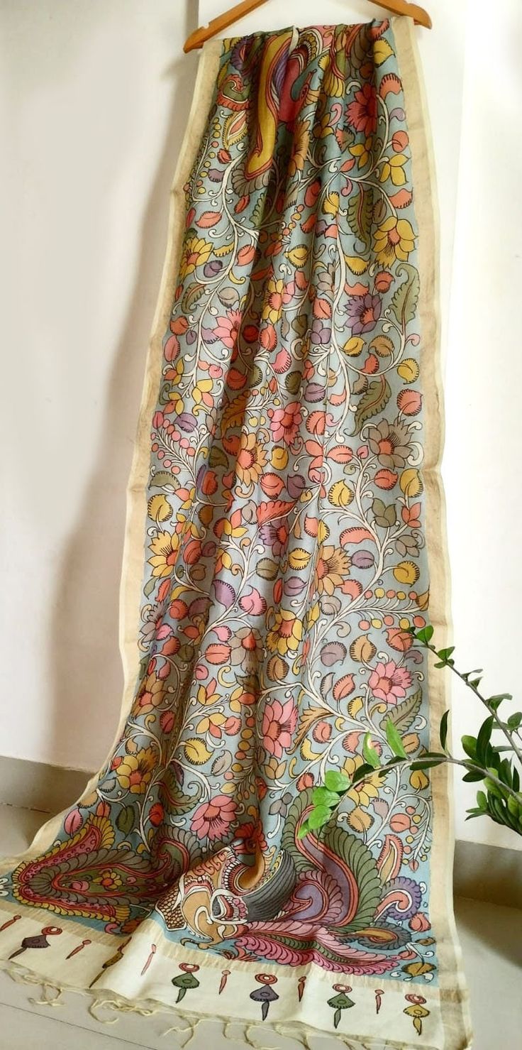 "Hand Painted Silk Kalamkari Dupatta ,Traditional Indian Artwork ,Artisan Crafted Scarf,  long sarong, stoles, shawl, best gift for her. Kalamkari means - Art with the Pen done by hand Kalamkari is done with the ecofriendly vegetable colours. Milk is used in the process in order to get the vegetable colors on the fabric & River washed in flowing water. We are trying to preserve this age old tradition by giving handful work to weavers, and we want you to become part of this initiative by buying h Luxury Handloom Tussar Silk Traditional Wear, Luxury Handloom Traditional Drape Shawl, Luxury Tussar Silk Shawl Dupatta, Luxury Batik Print Dupatta, Artistic Multicolor Dupatta With Printed Border, Traditional Multicolor Sarong With Traditional Patterns, Artistic Silk Dupatta With Traditional Drape, Traditional Multicolor Sarong For Festivals, Multicolor Tussar Silk Pashmina Shawl With Traditional Patterns