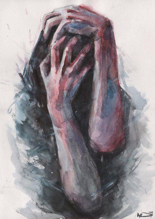 a painting of a person holding their hands to their face