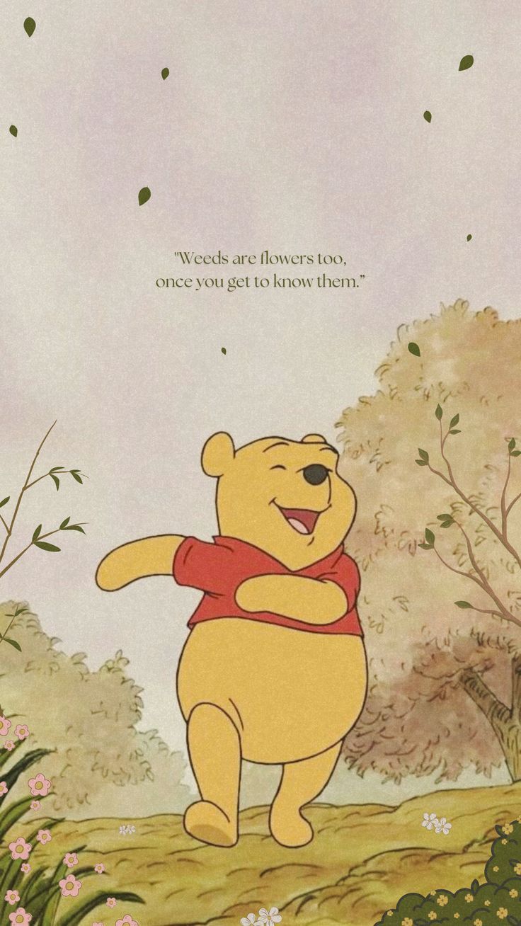 winnie the pooh is standing in front of some trees and flowers with an inscription on it