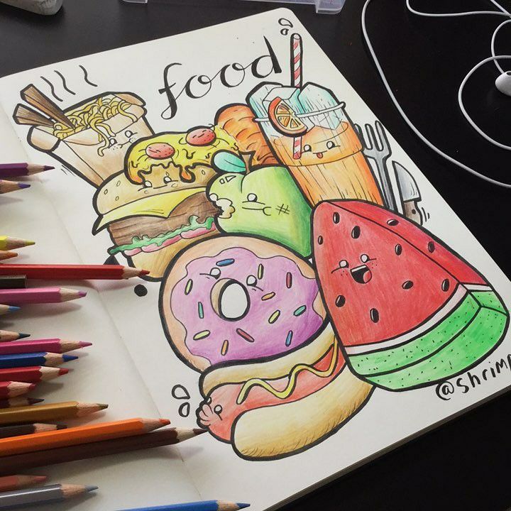 this is an image of a coloring book with donuts, watermelon and ice cream