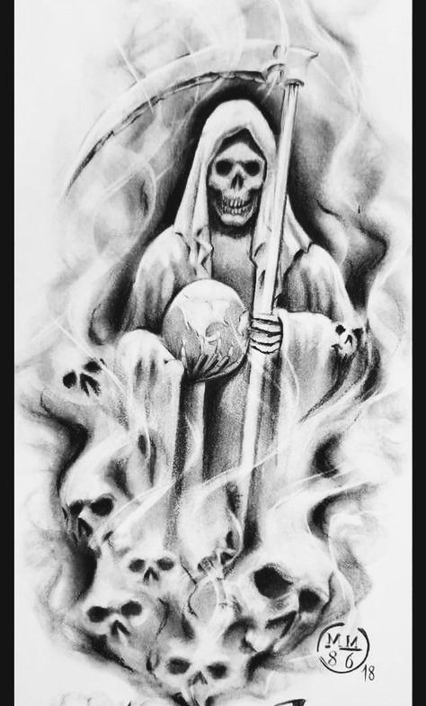 a black and white drawing of a skeleton holding an umbrella with skulls on it's side