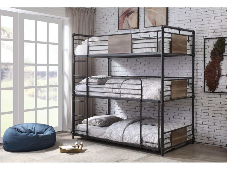 Brantley Sandy Black & Dark Bronze HandBrushed Bunk Bed (Triple Twin) - Ornate Home Industrial Bunk Beds, Unique Bunk Beds, Triple Bunk Beds, Triple Bunk Bed, Triple Bunk, Twin Bunk Bed, Mattress Foundations, Metal Bunk Beds, Full Bunk Beds