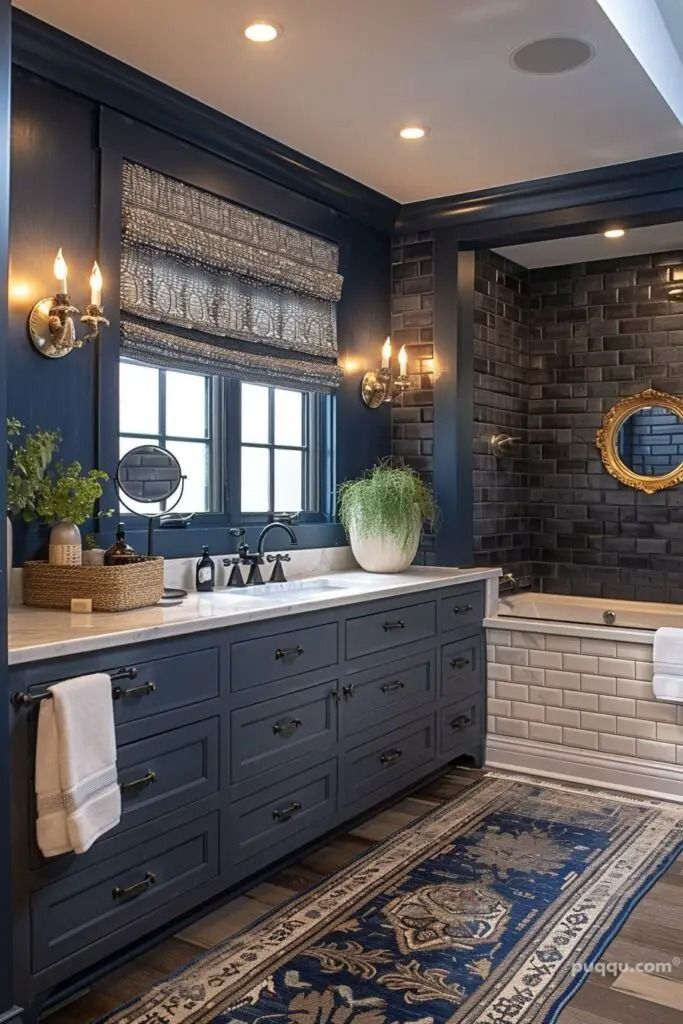 a large bathroom with blue walls and white counter tops, along with a rug on the floor