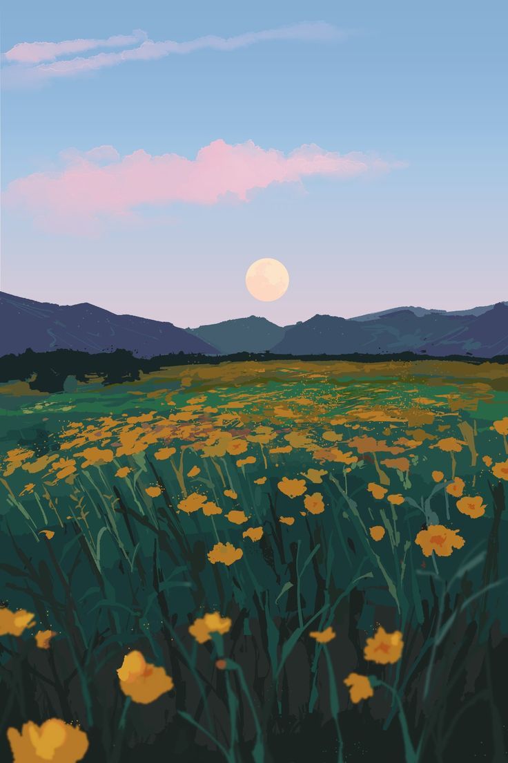 a field full of yellow flowers with the moon in the sky above it and mountains in the background