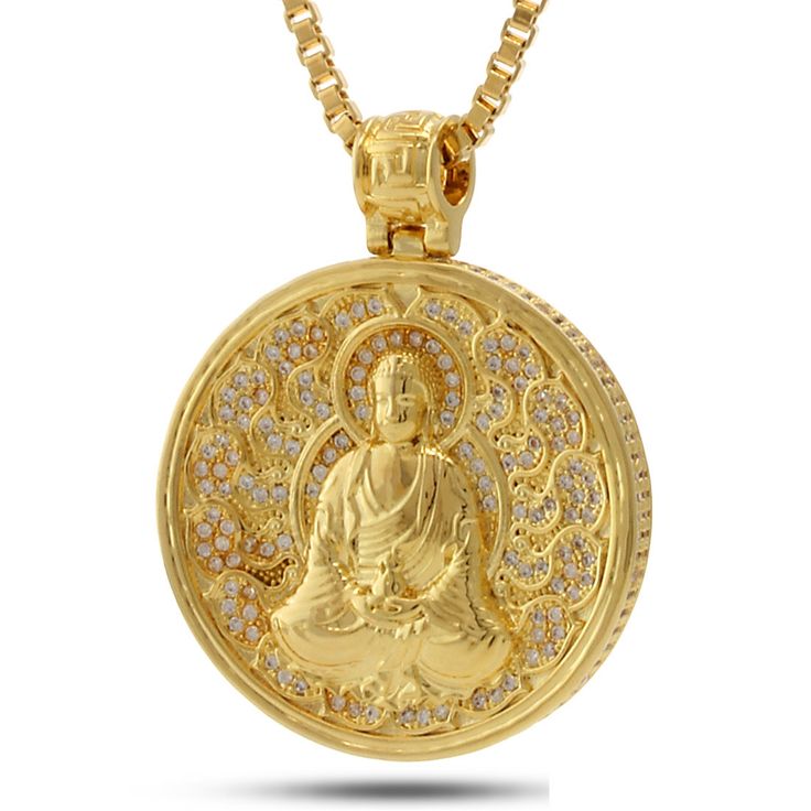 14K Gold Buddhist Medallion Necklace - KingIce Khmer Buddha, Meditating Buddha, Buddhist Jewellery, St Christopher Medal, Men's Necklaces, Buddhist Symbols, Jewelry King, Talisman Pendant, Buddha Necklace