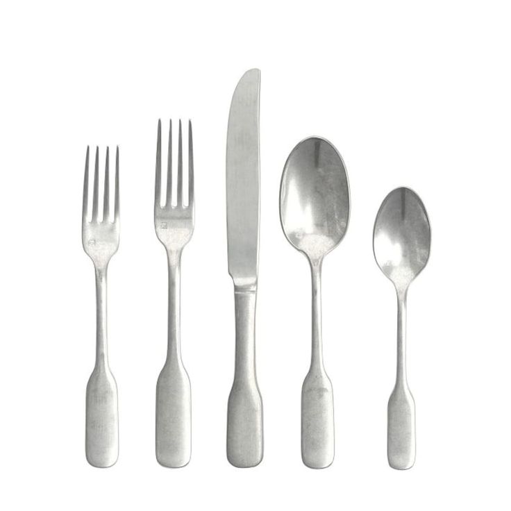 an assortment of silverware including forks, knives and spoons on a white background