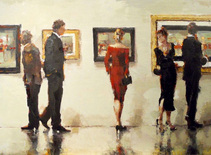 a painting of people standing in front of paintings on the wall and one woman is wearing a red dress