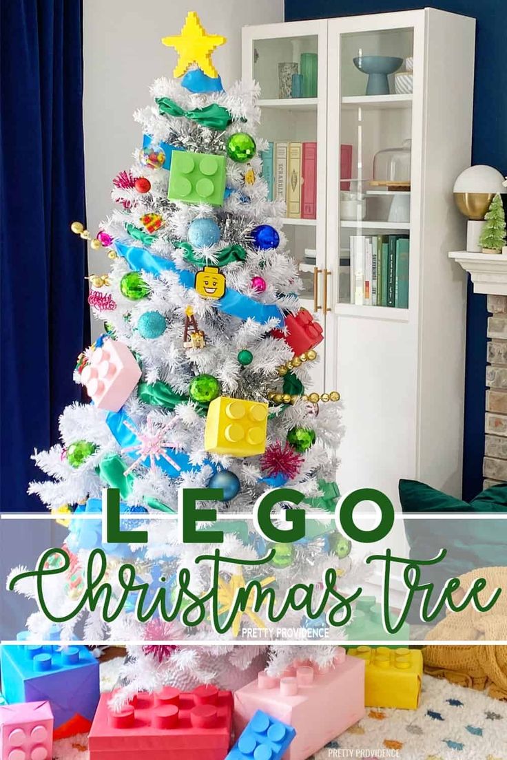 a lego christmas tree with the words lego christmas tree on it and toys around it