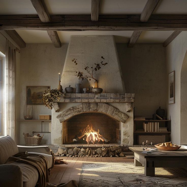 a living room filled with furniture and a fire place in the middle of the room