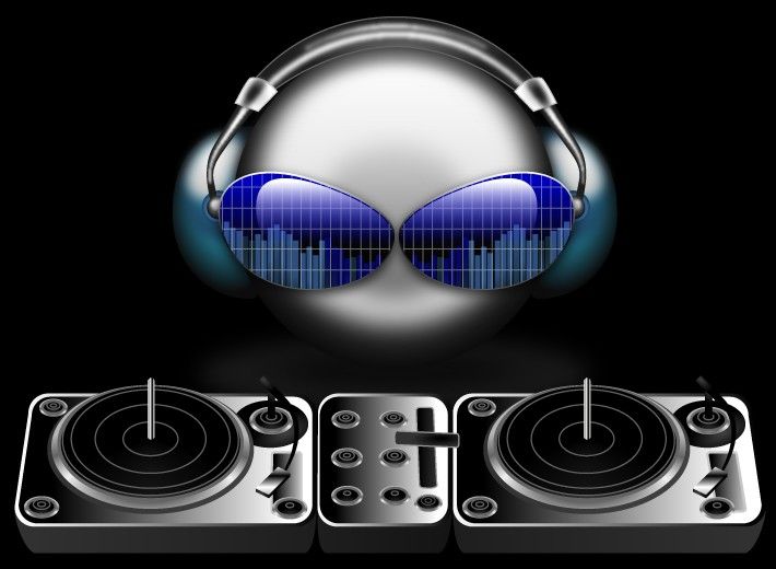 the dj's logo with headphones on top of it and an audio player next to it