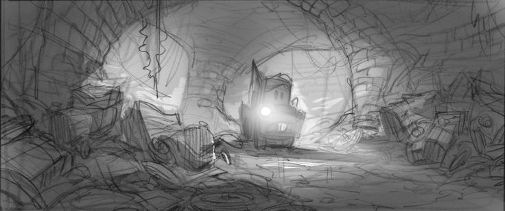 a black and white drawing of a train coming out of a tunnel in the woods