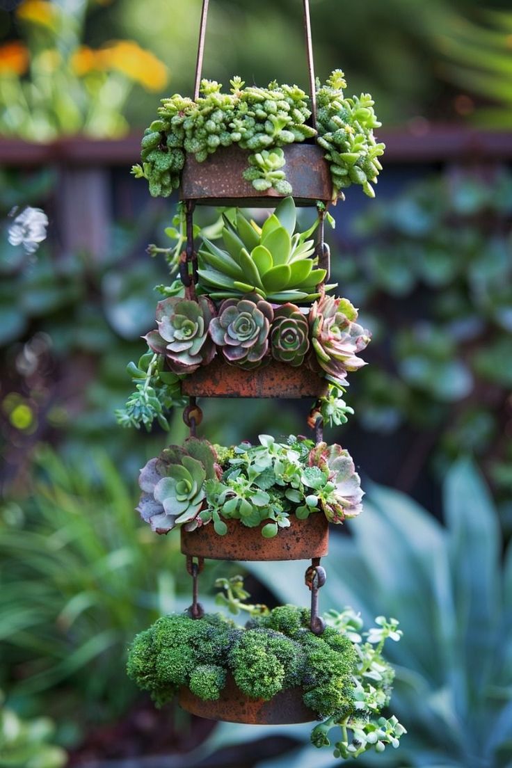 a hanging planter filled with succulents and greenery in the garden