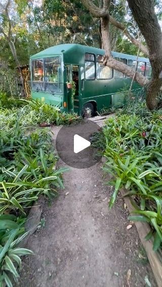 a green bus is parked in the middle of some bushes and trees, with a path leading to it