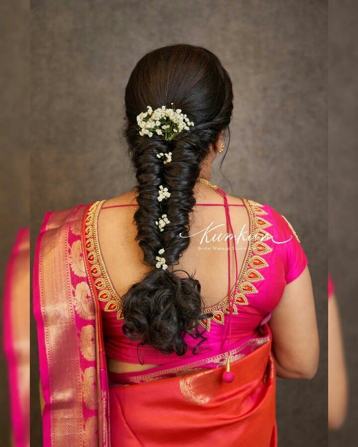 Bridal Jada, Long Hair Bridal Styles, Simple Hairstyle For Saree, Messy Braided Hairstyles, Long Hair Bridal, Cork Garland, Simple Bridal Hairstyle, Hair Training, Reception Hairstyles