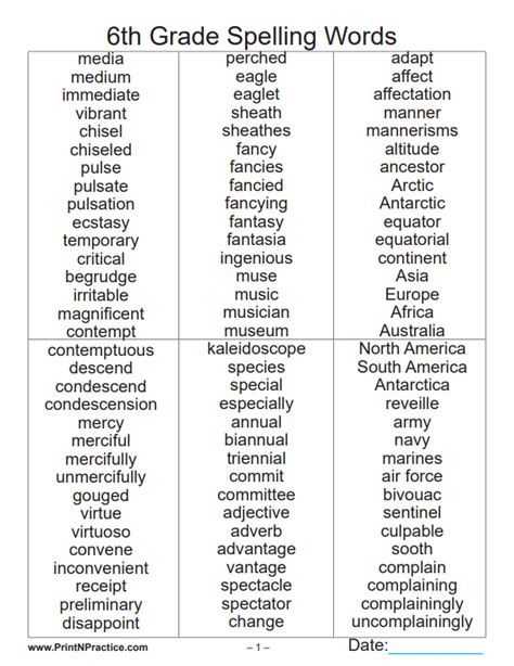 the 6th grade spelling words are shown in this table, which includes several different types of words