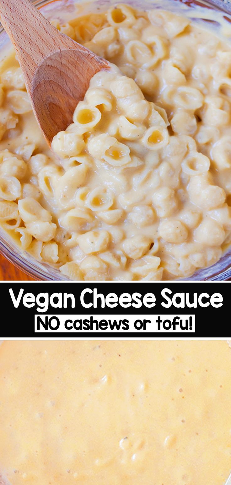 two pictures showing different types of macaroni and cheese sauce in glass bowls with wooden spoons