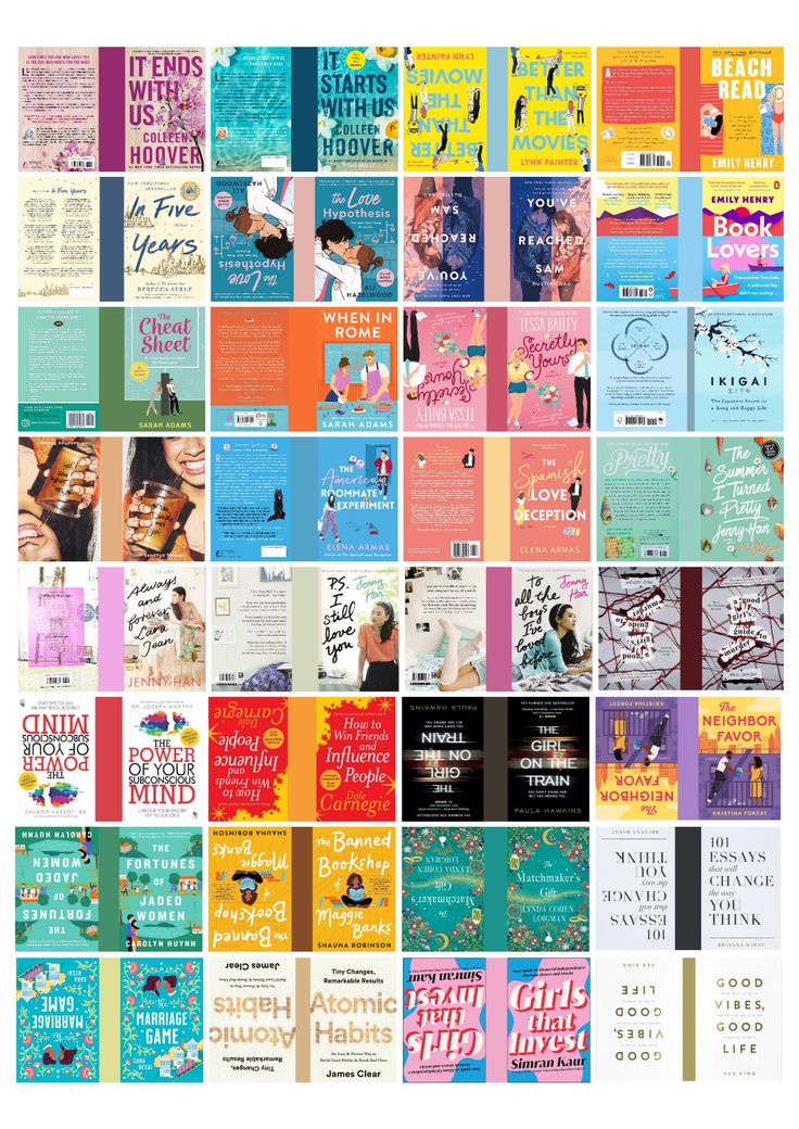 a collage of books with different covers and titles on them, all in bright colors