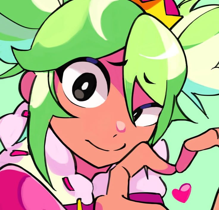 a cartoon girl with green hair and pink shirt holding her hand up to her face