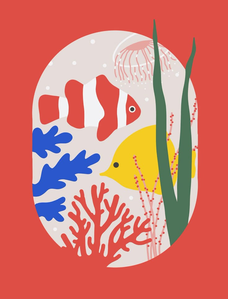 an underwater scene with corals, seaweed and fish on a red background illustration