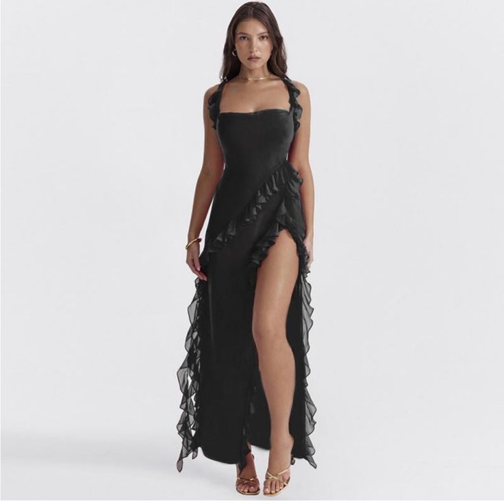 I Ordered This Dress In A Small And It Is A Bit Too Big For Me. It Looks Like It Would Fit A Size 4 Perfectly. High Split Dress, Ruffle Summer Dress, Sling Dress, Split Dress, Suspender Dress, Cowl Neckline, Silhouette Cut, Types Of Skirts, Cami Dress