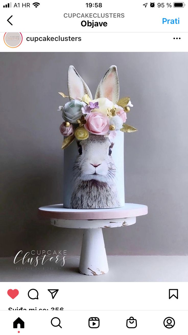 a cake decorated with an image of a bunny wearing a flower crown on top of it