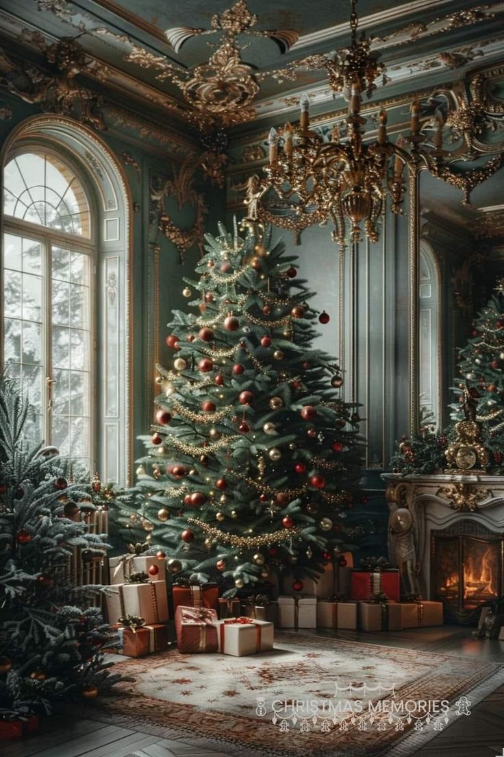 a decorated christmas tree in an ornate room