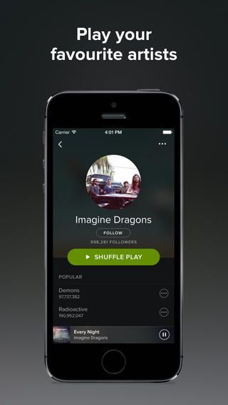 an iphone with the caption imagine dragon's play your favorite artists on it