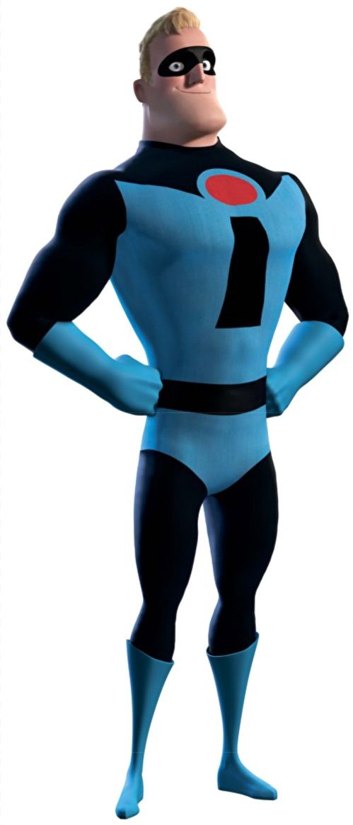 the animated character is dressed in blue and black with his hands on his hipss