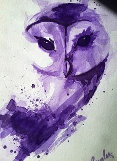 an owl is painted in purple watercolor