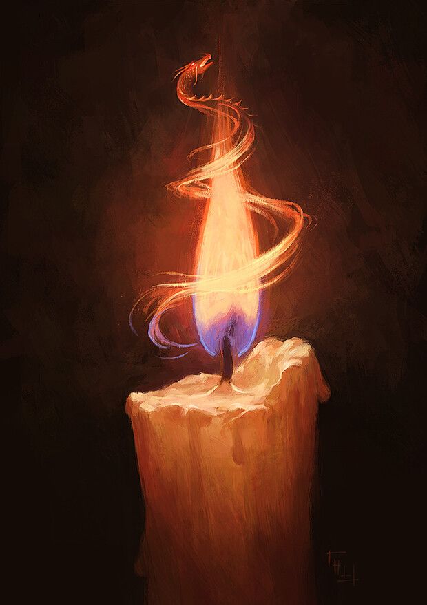 a painting of a lit candle on top of a piece of wood