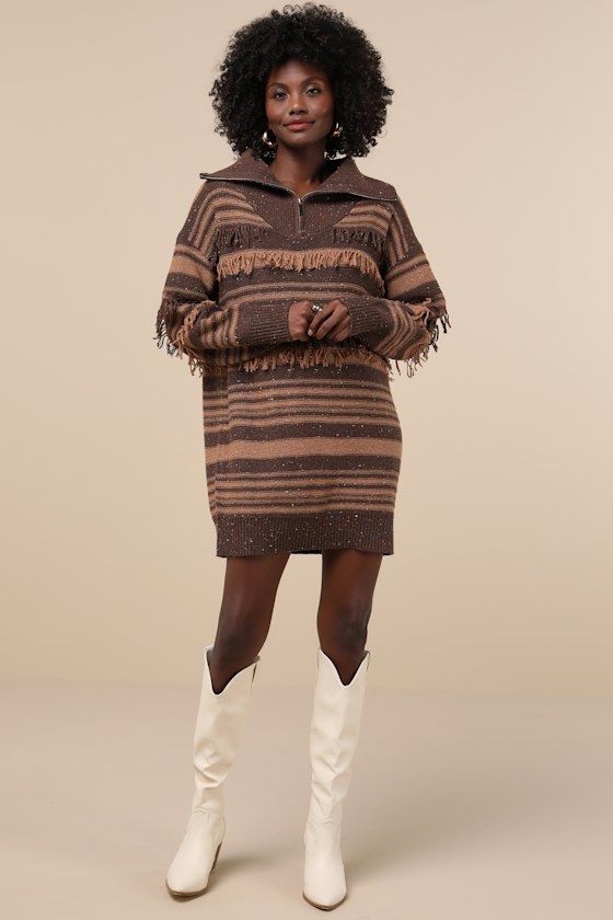 There's always room in your winter wardrobe for a look that'll keep you totally toasty, like the Lulus Ultimate Coziness Brown Striped Quarter-Zip Sweater Mini Dress! This lil' sweater knit dress features a variety of fun details, including a brown and tan striped pattern, a multicolored, confetti-like effect throughout, and trendy fringe trim at the front and back. Long sleeves (with drop shoulders) frame an oversized, shift-style dress that boasts a polo-inspired collared neckline with a quart Cozy Brown Winter Sweater Dress, Fall Ribbed Brown Sweater Dress, Brown Striped Sweater Dress, Fitted Brown Knit Sweater Dress, Stretch Ribbed Brown Sweater Dress, Sweater Dress Pattern, Trendy Fringe, Sweater Mini Dress, Fringe Sweater