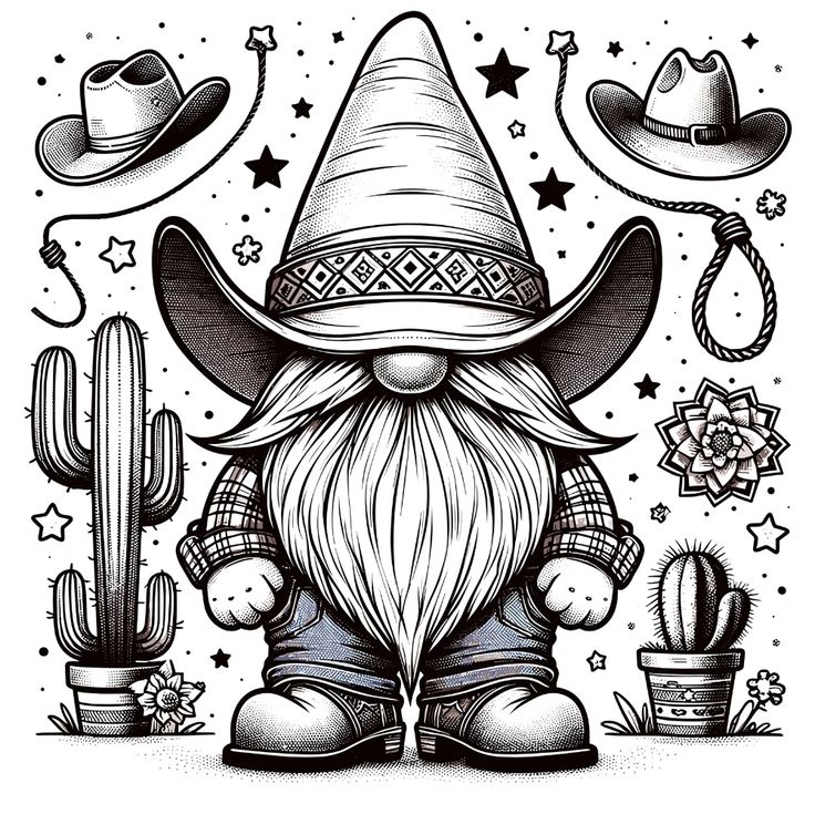 a black and white drawing of a wizard sitting in front of cacti, cactuses