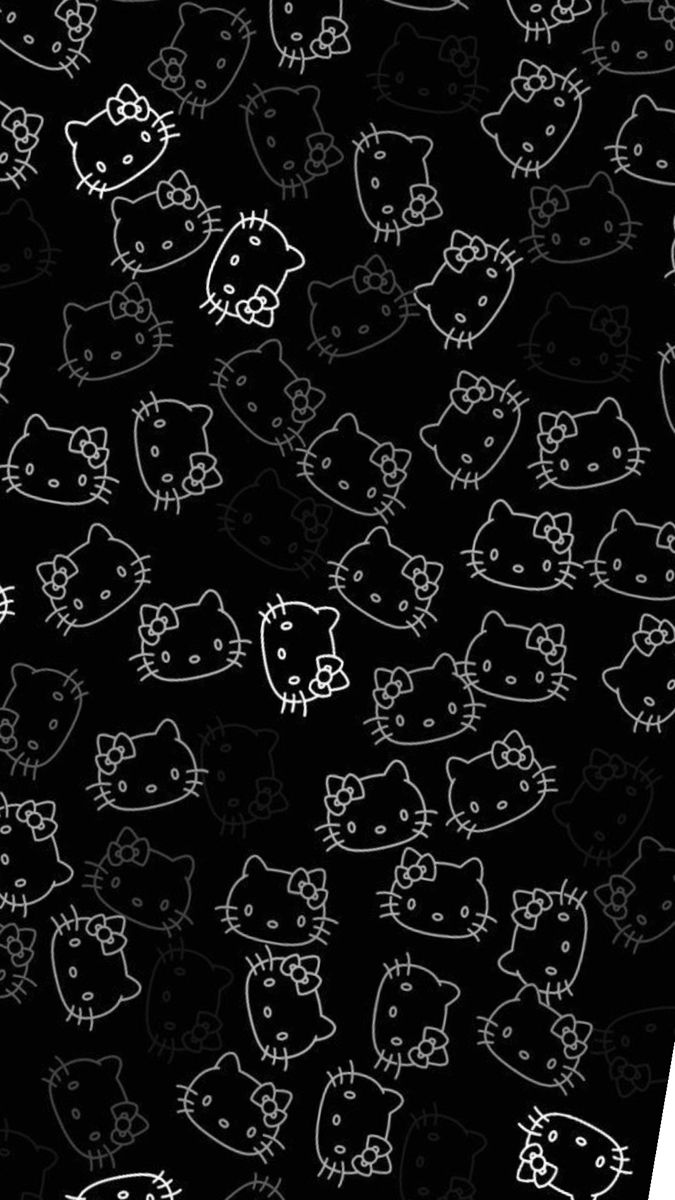 black and white hello kitty wallpaper with lots of kittens on the back ground