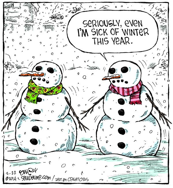 two snowmen wearing scarves and scarfs, one saying seriously even i'm sick of winter this year