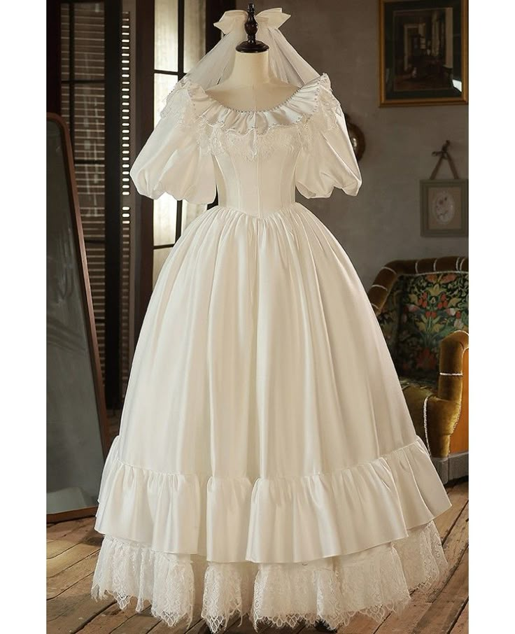 Get 10% off now! Buy vintage princess style ivory satin lace baby collar wedding dress bubble sleeved at wholesale price online. Free shipping and pro custom service since 2009. Affordable White Princess Dress, Old Timey Princess Dresses, Vintage White Dress Victorian, Casual Vintage Princess Dress, Luxury White Victorian Dress Costume, Cheap Princess Dress With Short Sleeves And Ruffles, Luxury Cream Princess Dress For Dress-up, Cheap White Princess Dress, Luxury White Victorian Dress With Fitted Bodice