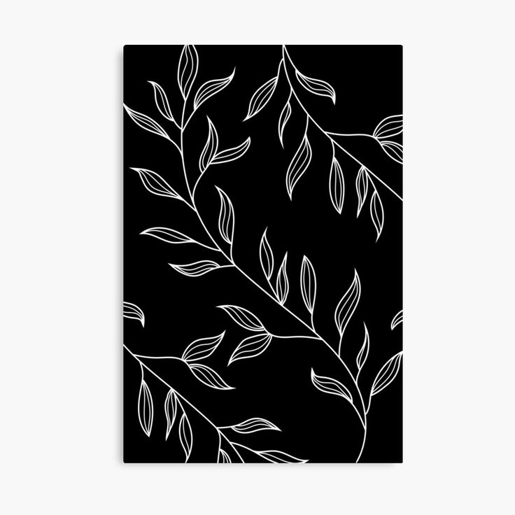 a black and white drawing of leaves on a black background canvas wall art print by person