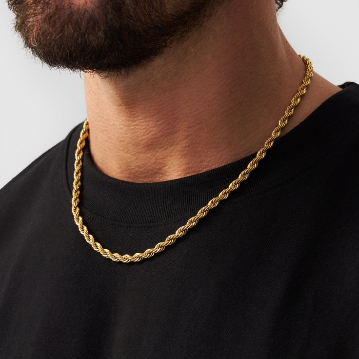 A masterclass in style. Looking for a killer combo? You’ve found your first piece. A rope chain creates unlimited stacks and layers—transforming even the simplest of looks. ✓ 18K Gold & 316L Stainless Steel✓ Water, Heat, Sweat Resistant✓ Hypoallergenic (No Green Skin) Men’s Gold Necklace, Gold Chains For Men Unique, S Gold Necklace, Mens Gold Chain Necklace, Green Skin, Gold Rope Chains, Gold Chains For Men, Jewelry Lookbook, Gold Piece