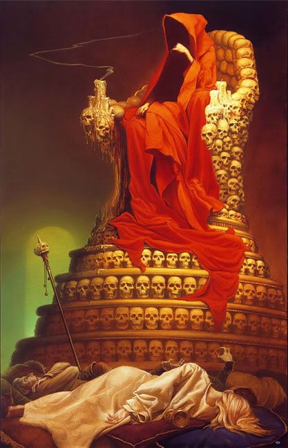 a painting of a woman sitting on top of a golden statue with skulls around her